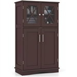 Brown Bathroom Towel Linen Cabinet with Glass Doors and Storage Shelves