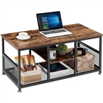 Modern Industrial Metal Wood Coffee Table with Bottom Storage Shelves