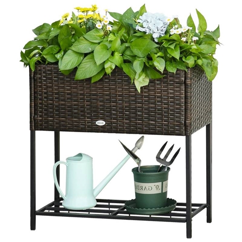 Brown Elevated Modern Rattan Wicker Raised Garden Planter Box