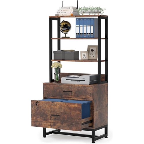 2 Drawer Office Lockable Filing Cabinet Bookshelf with Open Shelves, Brown