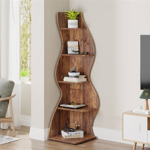 Modern Whimsical 5 Shelf Corner Bookcase Stand Brown  Wood Finish