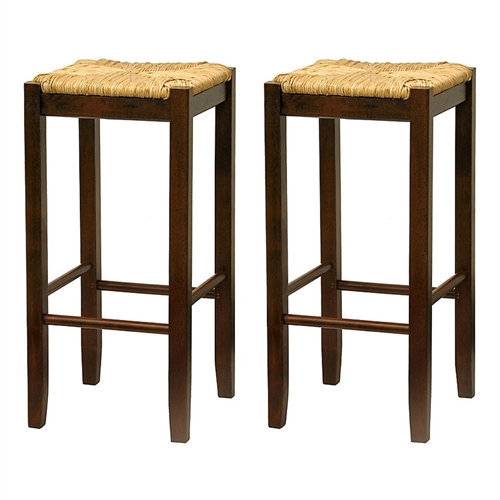 Set of 2- Solid Wood Bar Stool in Walnut with Wiveb Rush Seat