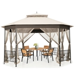 Outdoor 10 x 12 Ft Octagon Gazebo with Mosquito Net Sidewalls and Beige Canopy