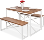 Modern 3-Piece Dining Set Wood Top White Metal Frame Table and 2 Bench Chairs