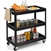 Black Steel Frame Kitchen Serving Utility Cart on Wheels with 2 Bottom Shelves