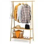 Entryway Bedroom Wood Garment Clothes Hanging Rack with 2 Bottom Storage Shelves