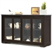 Brown Wood Buffet Kitchen Dining Sideboard Storage Cabinet w/ Glass Sliding Door