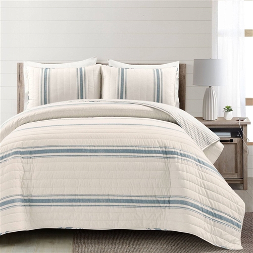 California King Blue White 3 Piece Stripe Reversible Cotton Quilt Set