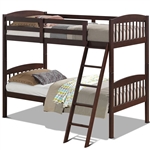 Twin over Twin Wooden Bunk Bed with Ladder in Dark Brown Finish