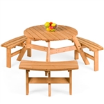Outdoor Round Wood Picnic Table Bench Set with Umbrella Hole - Seats 6