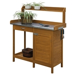 Outdoor Home Garden Potting Bench with Metal Table Top and Storage Cabinet