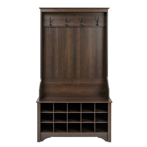 Dark Brown Espresso Entryway Hall Tree Shoe Cubbie Coat Rack