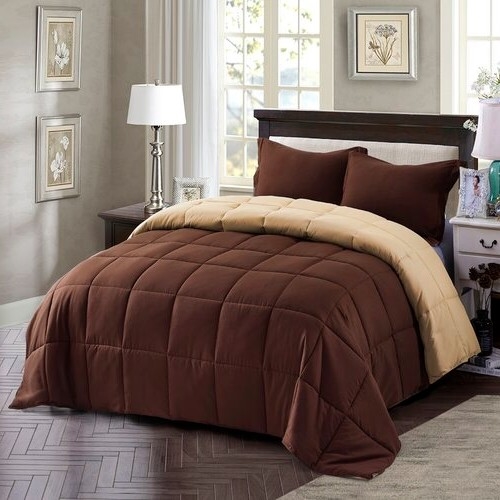 King/Cal King Traditional Microfiber Reversible 3 Piece Comforter Set in Brown