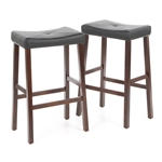 Set of 2 - Upholstered Faux Leather Saddle Seat Barstool in Mahogany