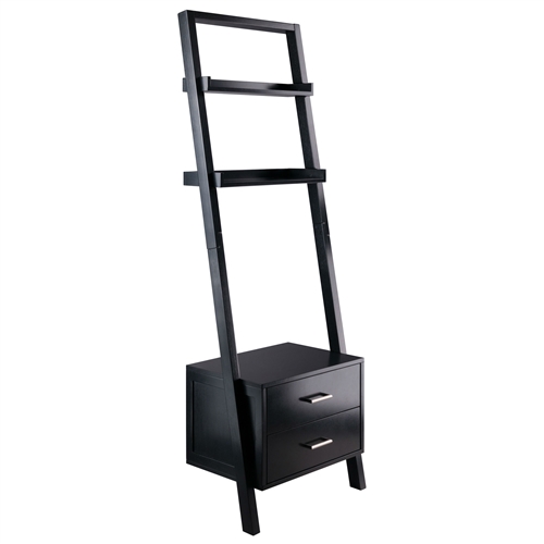 Modern Black 2 Drawer Leaning Ladder Bookshelf Bookcase