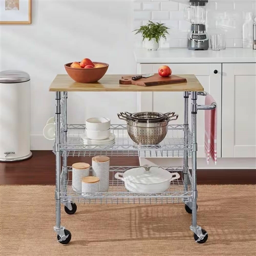 Kitchen Island Cart with Wood Top and 2 Bottom Storage Shelves on Wheels