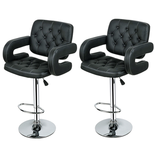 Set of 2 Black Faux Leather Swivel Bar Stools Adjustable Pub Chair