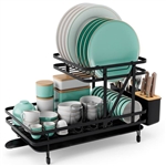 2 Tier Black Foldable Dish Rack Removable Drip Tray