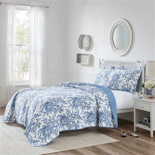 3 Piece Bed In A Bag Coastal Blue Floral Cotton Quilt Set Full/Queen Size