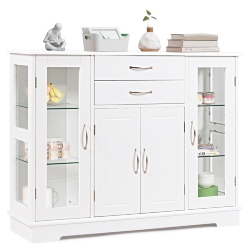 White Wood 3 Tier Buffet Sideboard Cabinet with Glass Display Doors