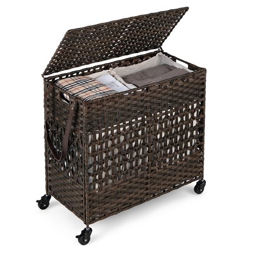 Brown Rattan 2 Section Rolling Wheeled Laundry Hamper with Removeable Bags