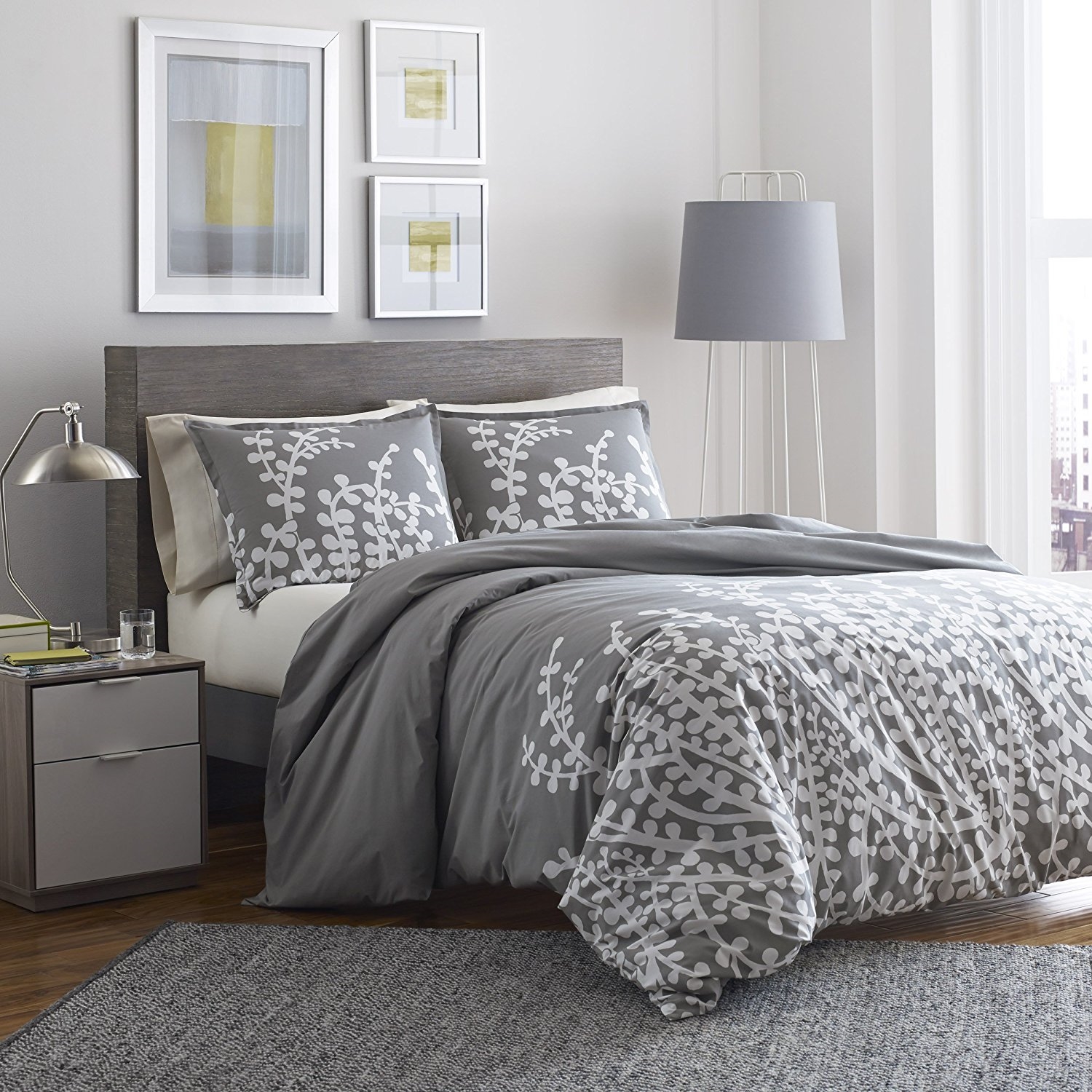 King 3-Piece Cotton Comforter Set with Gray White Floral Branch Pattern |  FastFurnishings.com