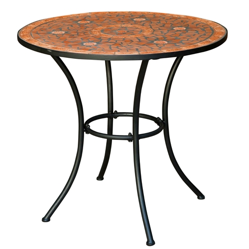 Round Outdoor Patio Bistro Table with Terracotta Mosaic Tiles and Black Metal Frame