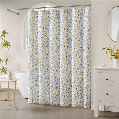 72"W x 72"H Yellow Blue 100% Cotton Floral Print Shower Curtain