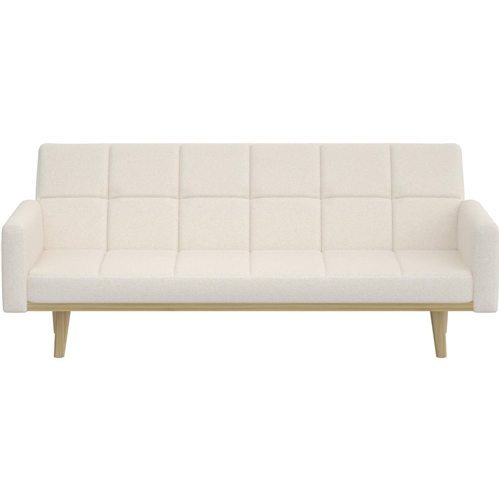 Modern Mid-Century Futon Sleeper Sofa Bed in Sherpa Ivory Fabric Upholstery