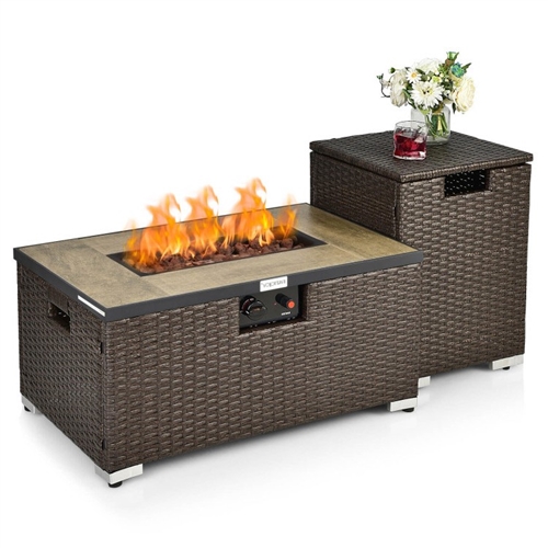 Brown Propane Gas Rattan Fire Pit Table Set with Side Table Tank Holder and Cover