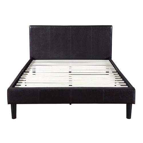 Queen Dark Brown Espresso Faux Leather Upholstered Platform Bed with Padded Headboard