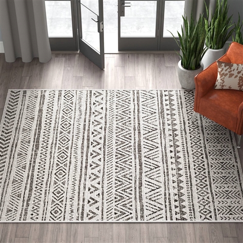 5 ft. x 8 ft. Black Off-White Chevron Coastal Boho Style Indoor Outdoor Area Rug