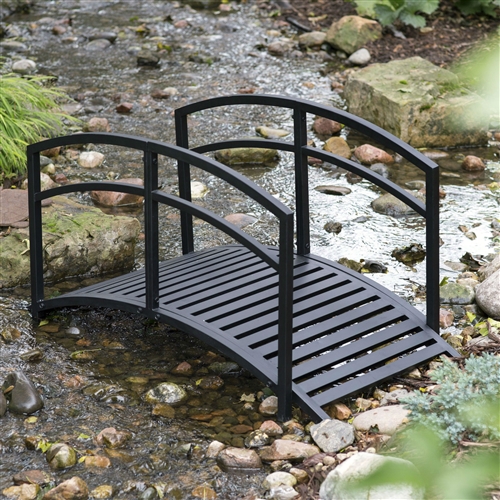 Contemporary Outdoor 4-Ft Metal Garden Bridge in Black Steel with Side Rails