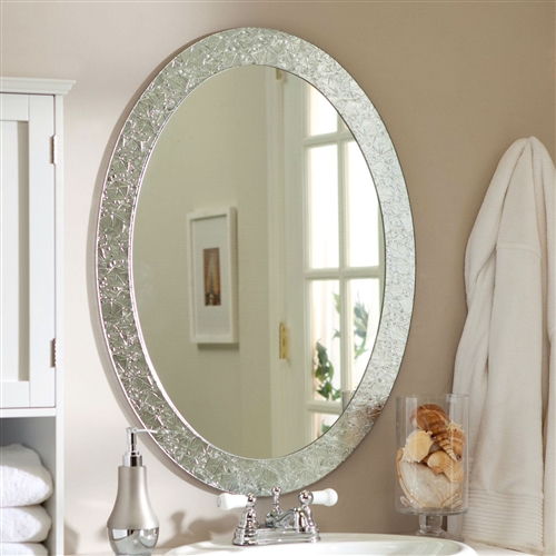 Oval Frame-less Bathroom Vanity Wall Mirror with Elegant Crystal Border