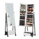 Modern Black Metal White Wood Jewelry Armoire Cabinet Organizer Mirror on Wheels