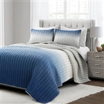 Full/Queen Blue Grey Ombre Crinkle 3 Piece Quilt Set