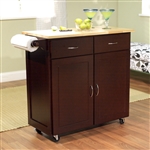 35.5" H x 43" W Portable Kitchen Island Cart with Natural Wood Top in Espresso