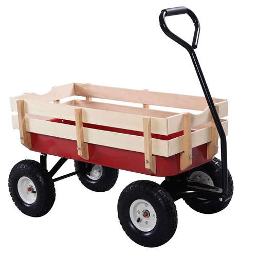 Sturdy Red Wood Panel Garden Cart Wagon
