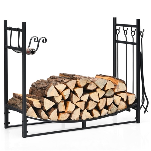 Indoor/Outdoor Heavy Duty Steel Firewood Storage w/ Kindling Holders, Shovel