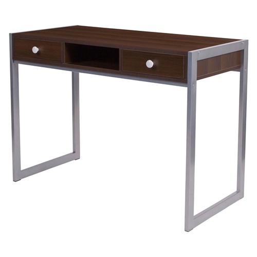 Modern Dark Brown Wood Writing Table Computer Desk with Square Metal Legs