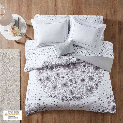 Full size 8-piece White Grey Floral Pattern Microfiber Comforter Set