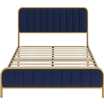 Full Gold Metal Platform Bed Frame with Navy Blue Velvet Upholstered Headboard