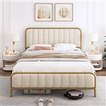 Full size Gold Metal Platform Bed Frame with Off-White Upholstered Headboard