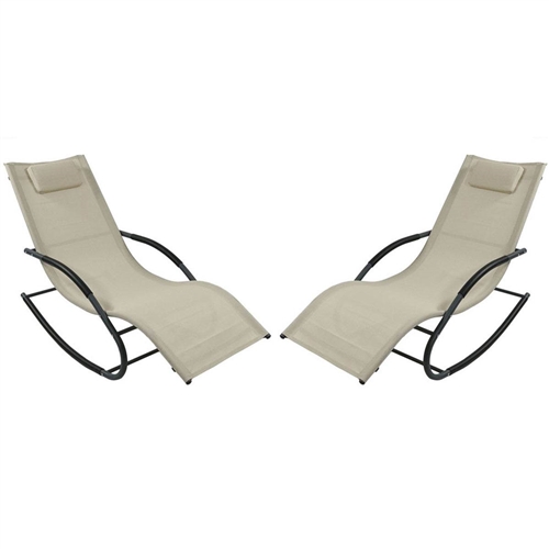 Set of 2 - Rocking Chair Chaise Patio Lounger with Pillow, Beige