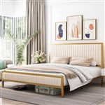 Full size Gold Metal Platform Bed Frame with Beige White Upholstered Headboard