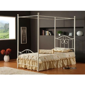 Full size Traditional Metal Canopy Bed in Off White Finish
