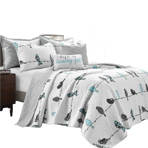 Full/Queen Blue Grey Birds On Wire Lightweight 7 PCS Quilt Set