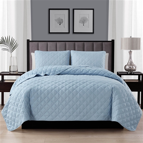 Full/Queen, Blue FarmHouse Microfiber Diamond Quilt Set