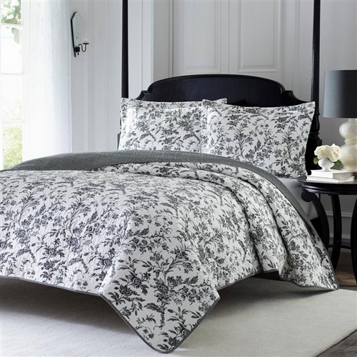 Full Queen Cotton Floral 3-Piece Reversible Quilt Set in Black Grey White