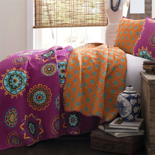 Full / Queen Fushia Pink Orange Blue Paisley Geometric 100% Cotton 3 Piece Quilt Coverlet Bedspread Set